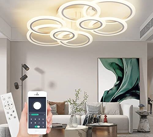 Narwhal Dimmbar LED Deckenleuchte mit Fernbedienung, 8 Flammig in Rings 102W-9180lm Einstellbares Umgebungslicht, Warm Natur Kalt Deckenlampe für Schlafzimmer Wohnzimmer Flur Balkon Büro Arbeitszimmer