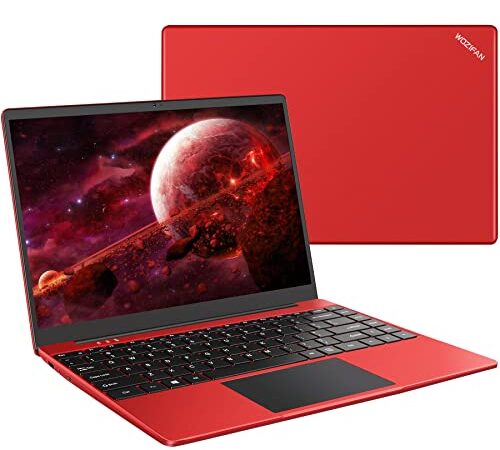 WOZIFAN Laptop 14 Zoll 128 GB SSD Erweitert die 1TB Windows 10 Notebook Intel 6GB RAM 2.4G+5G WiFi 1080 FHD Bluetooth USB HDMI mit kabelloser Maus & Deutsche Silikon-Tastaturabdeckung-Rot