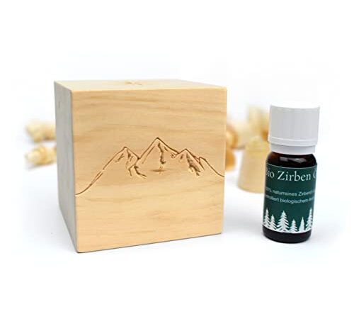 Zirben-Würfel Duft-Set | Zirbenholz-Würfel mit Motiv und Tropfstruktur + BIO Zirben-Öl (10 ml) | Erhältliche Motive: Berge, Lebensbaum, Schlaf-gut und Herzen. | Geschenk-Box mit Nachricht (Berge)