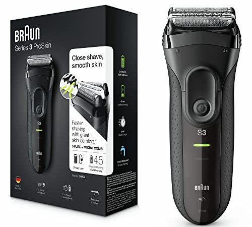 Braun Series 3 ProSkin Rasierer Herren, Elektrorasierer mit Präzisionstrimmer, wiederaufladbarer und kabelloser elektrischer Rasierer, 45 Min Laufzeit, Geschenk Mann, 3020s, schwarz