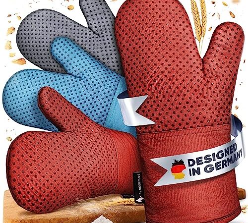 Funkenflug® Premium Ofenhandschuhe hitzebeständig [NEU] - Backhandschuhe mit Anti-Rutsch Silikonbeschichtung, extra langem Unterarmschutz & bequemer Passform - Topflappen Handschuh (Rot)