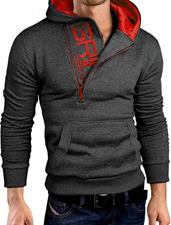 Grin&Bear Slim fit Halfzip Jacke Kapuze Hoodie Sweatshirt Kapuzenpullover, anthrazit-rot, M, GEC401