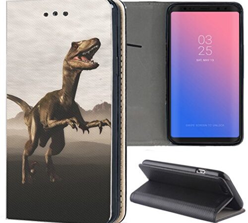 Huawei P20 Lite Hülle Premium Smart Einseitig Flipcover Hülle P20 Lite Flip Case Handyhülle Huawei P20 Lite Motiv (517 Dinosaurier Raptor Dino Braun)