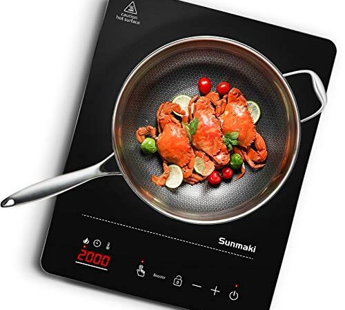 Induktionskochplatte, Sunmaki Induktionskochfeld 1 Platte, 10 Leistungsstufen und 10 Temperaturstufen,LED Display und Timer-Funktion, Touch-Steuerung,2000W