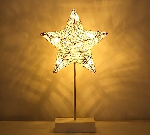 Lewondr Tischlampe, LED Sternenlampe Sternform Weihnachtsdeko Innen, Batteriebetrieb Fensterbank Lampe Metall Weihnachtsstern Schreibtischlampe für Zuhause Weihnachten Ramadan Hochzeit, Warmweiß