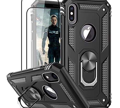 LeYi Hülle für iPhone X Handyhülle iPhone XS mit Panzerglas Schutzfolie(2 Stück),360 Grad Ring Halter Militärische Rüstung Handy Hüllen Stoßfest Cover Schutzhülle Case Schwarz