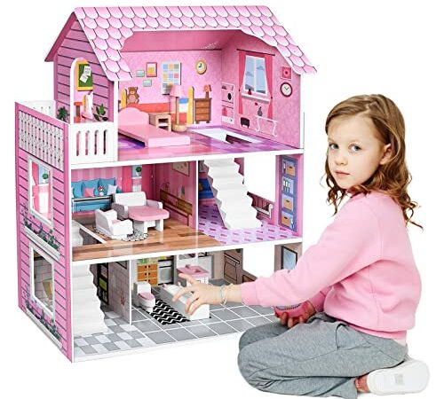 NAIZY Kinder Puppenhaus Holz Barbie Haus 70x60x24cm Puppenstube Set Rosa 3 Etagen Playmobil Dollhouse mit Möbeln & Zubehör Puppenvilla DIY Wohnmobil Haus Traumvilla, für Mädchen und Jungen (Typ A)