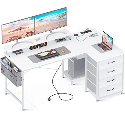 ODK L-förmiger Schreibtisch, Eckschreibtisch Weiß mit USB-Ladeanschluss und Steckdose, Gaming Tisch Ecke mit 4 Schubladen und Monitorablage, L Form Computertisch für den Heimarbeitsplatz, 140x80x87cm