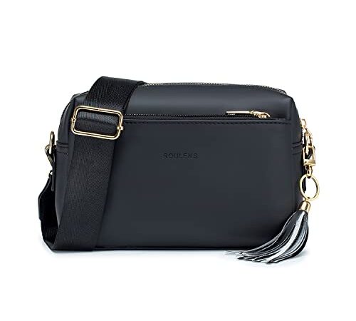 Roulens Damen Handy Umhängetasche,Veganem Leder Crossbody Schultertasche,Breiter Riemen Abendtasche mit drei Reißverschlussfächern Handtaschemit mit Kartenschlitz Verstellbar Abnehmbar Schultergurt