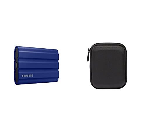 Samsung Portable SSD T7 Shield (MU-PE1T0R/EU), 1 TB, USB 3.2 Gen.2, 1.050 MB/s Lesen, 1.000 MB/s Schreiben, Blau + Amazon Basics Festplattentasche, schwarz