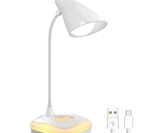 Schreibtischlampe LED, 2 in 1 Leselampe / Nachttischlampe, 3 Helligkeitsmodi Dimmbar, USB Wiederaufladbar Akku Lampe, Tischlampe Kabellos mit Touchbedienung für Lesen, Studieren, Arbeiten.