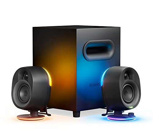 SteelSeries Arena 7 - 2.1-Gaming-Lautsprecher – 2-Wege-Lautsprecherdesign – Starke Bässe, Subwoofer – Reaktive RGB – USB, Aux, optisch, kabelgebunden – Bluetooth – PC, PlayStation, Mobilgeräte, Mac