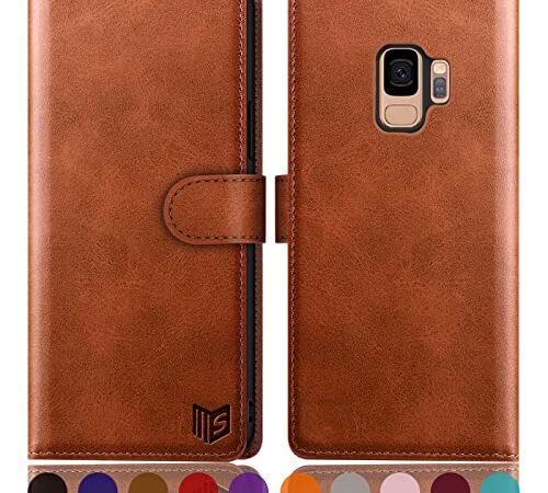 SUANPOT [RFID Schutz für Samsung Galaxy S9 Hülle PU Leder Handyhülle Lederhülle Klapphülle Kartenfach Flip Cover für Samsung S9 Handy hülle Leather Wallet Phone Case Hellbraun