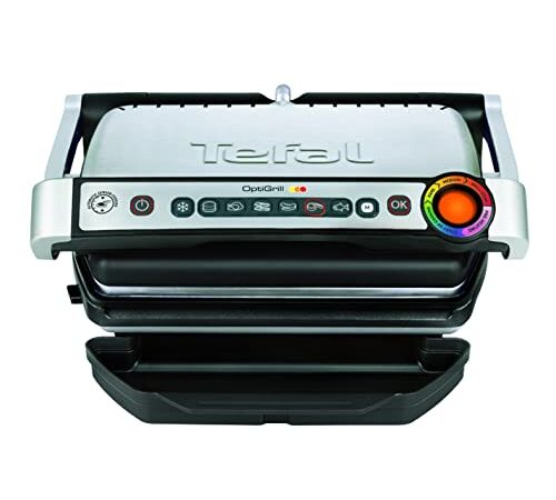 Tefal GC705D OptiGrill Kontaktgrill | inkl. Rezeptbuch | 6 intelligente Programme | passt Temperatur + Grillzyklus ans Grillgut an | spülmaschinenfeste Platten 600 cm² | Edelstahl/Schwarz | 30x20 cm