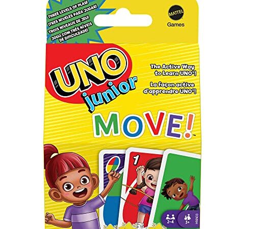 UNO Junior Move! - Aktive Variante des Kartenspiels, 3 Schwierigkeitsstufen für Einstieg jüngerer Spieler, Bewegungskarten, für Kinder ab 3 Jahren, HNN03