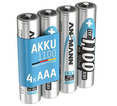 ANSMANN Akku AAA Typ 1100 mAh (min. 1050 mAh) NiMH 1,2 V (4 Stück) - Micro AAA Batterien wiederaufladbar, hohe Kapazität für hohen Strombedarf, ideal für Spielzeug, Kameras, Fernbedienung