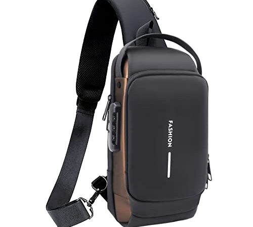 icyant Anti-Diebstahl-Sling-Tasche, wasserdichte USB-Aufladung Sport Sling Anti-Diebstahl-Umhängetasche, Herren Sling Tasche Umhängetasche Umhängetasche Brusttasche (Schwarzes Gold)