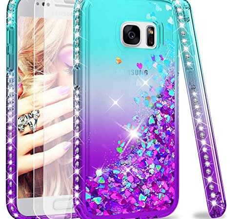 LeYi Hülle Galaxy S7 Glitzer Handyhülle mit Panzerfolie Schutzfolie(2 Stück),Cover Diamond Rhinestone Bumper Schutzhülle für Case Samsung Galaxy S7 Handy Hüllen Gradient Turquoise Purple