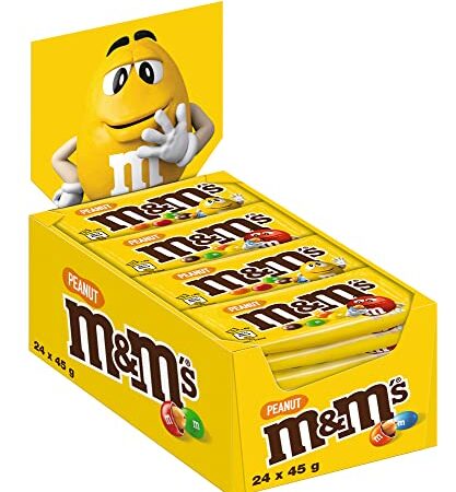 M&M'S Peanut Beutel, kleine Packungen für unterwegs, Schokolinsen mit Erdnusskern, Schokolade Großpackung, 24er Pack (24 x 45g)